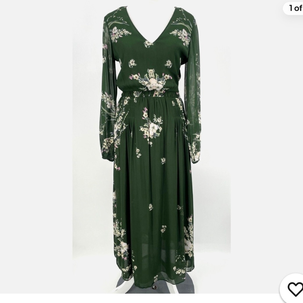 Massimo Dutti womens Sz 4 Green
Floral midi Dress V-Neck lined side zip
pullover